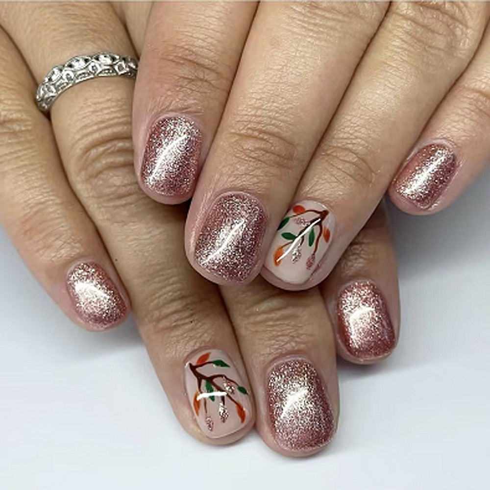 Autumn Elegance Short Oval Rose Gold Glitter Press On Nail Set with Hand-Painted Floral Design