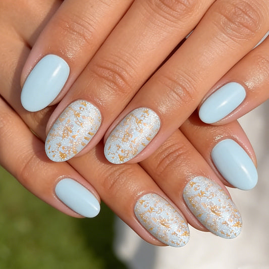 Celestial Bliss Medium Oval Light Blue Nail Set with Shimmering Glitter Finish