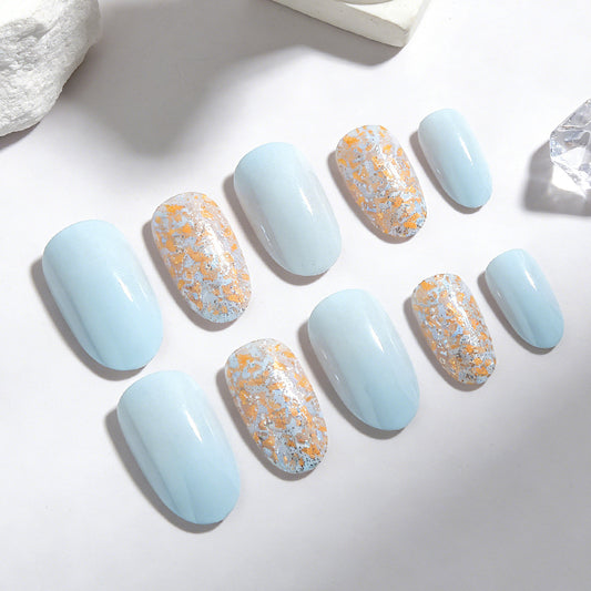 Celestial Dream Blue Medium Round Press On Nail Set with Stunning Foil Accents