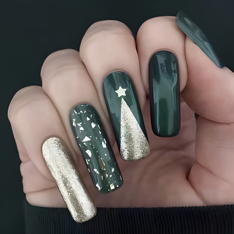 Festive Glam Long Square Dark Green and Gold Press On Nail Set with Unique Glitter Accent