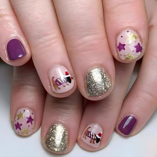 Celestial Dream Short Square Purple and Gold Press On Nail Set with Glitter and Star Accents