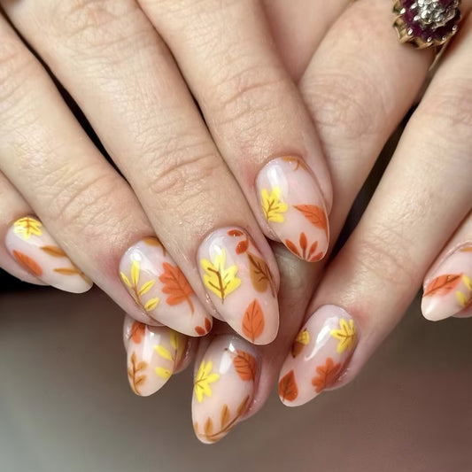 Autumn Elegance Long Almond Orange and Gold Leaf Press On Nail Set
