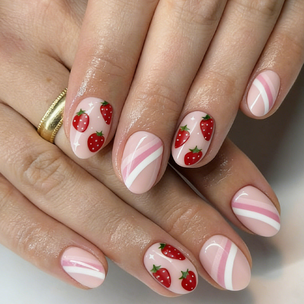 Sweet Strawberry Bliss Short Round Soft Pink Press-On Nail Set with Charming Fruit Designs