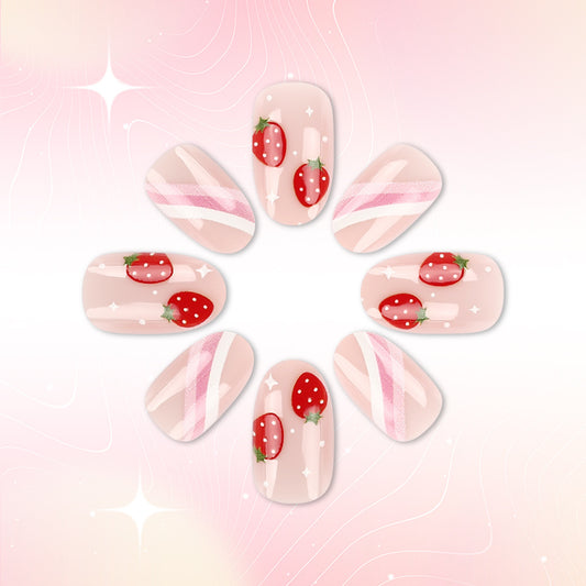 Fruity Delight Short Round Pink Nail Set with Strawberry Design