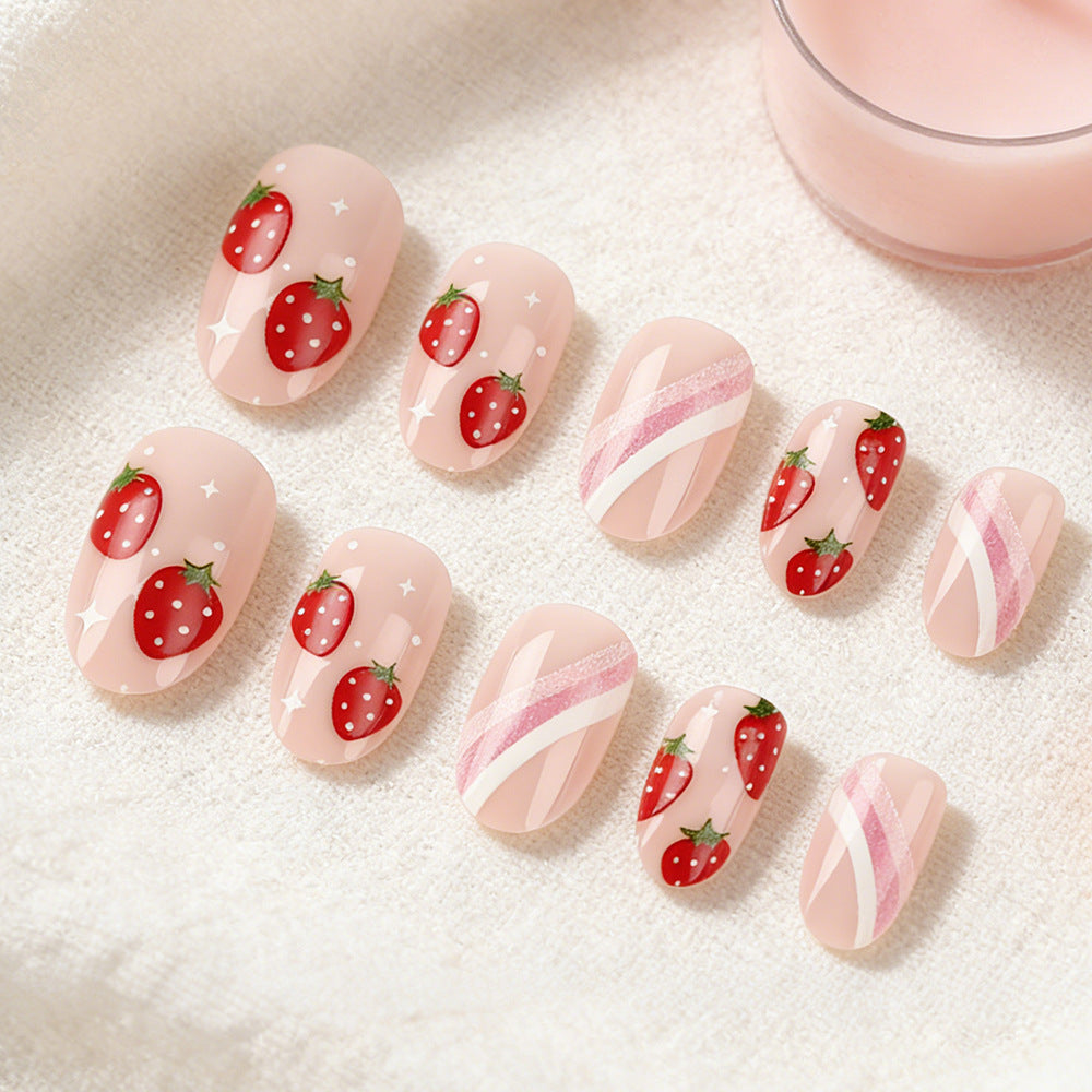 Sweet Strawberry Delight Short Oval Pink Nail Set with Whimsical Berry Designs