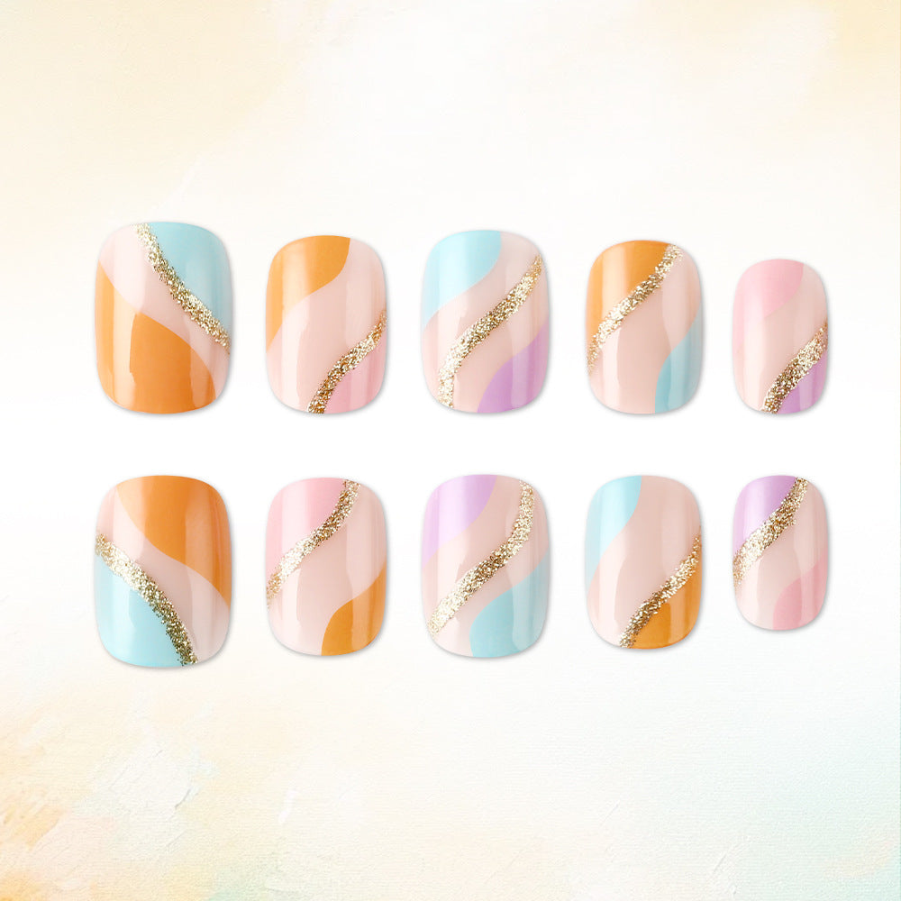 Ocean Breeze Dreamy Short Square Press-On Nail Set in Pastel Colors with Glitter Wave Detail