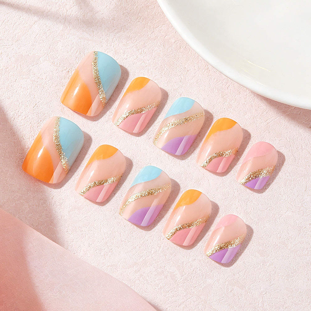 Tropical Bliss Short Square Colorful Press On Nail Set with Sparkling Gold Stripes