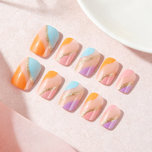 Tropical Bliss Short Square Colorful Press On Nail Set with Sparkling Gold Stripes