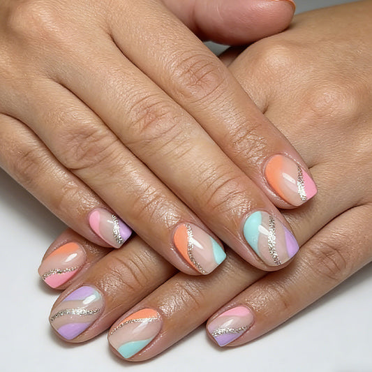 Whimsical Dream Pastel Short Square Glitter Accent Press On Nail Set