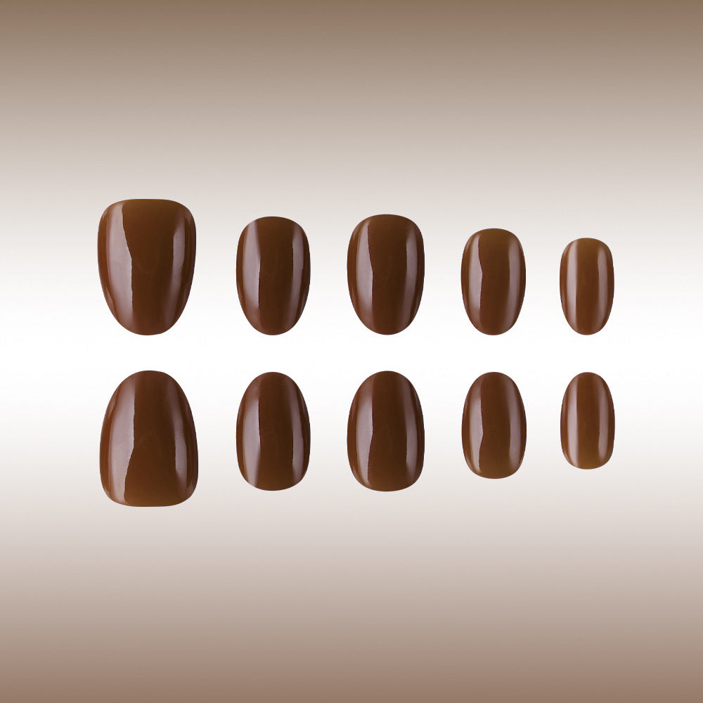 Elegant Earthy Delight Short Oval Glossy Dark Brown Nail Set with Unique Shine Finish