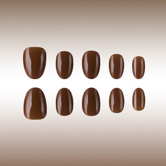 Elegant Earthy Delight Short Oval Glossy Dark Brown Nail Set with Unique Shine Finish