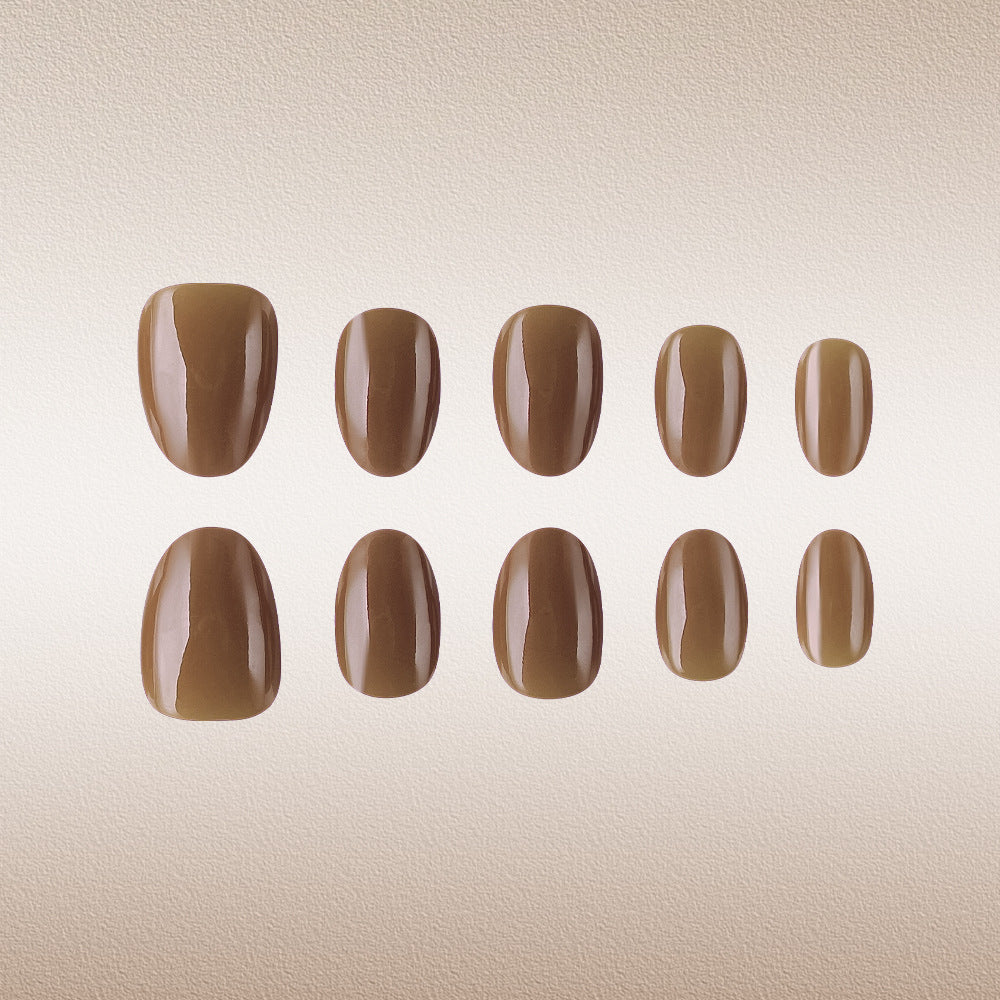 Autumn Elegance Short Oval Shaped Glossy Brown Press-On Nail Set with Versatile Sizes