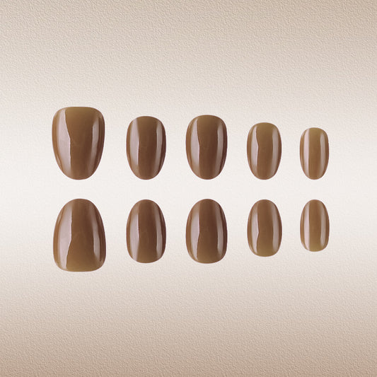 Autumn Elegance Short Oval Shaped Glossy Brown Press-On Nail Set with Versatile Sizes