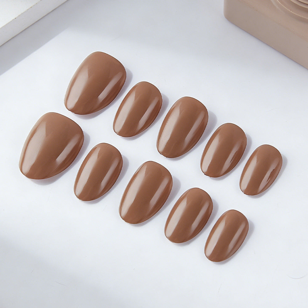 Chic Earthy Elegance Short Oval Glossy Brown Nail Set with Easy Application Feature