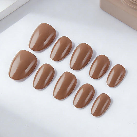 Chic Earthy Elegance Short Oval Glossy Brown Nail Set with Easy Application Feature