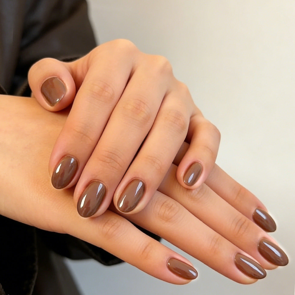 Elegant Chocolate Delight Short Oval Glossy Brown Press On Nail Set