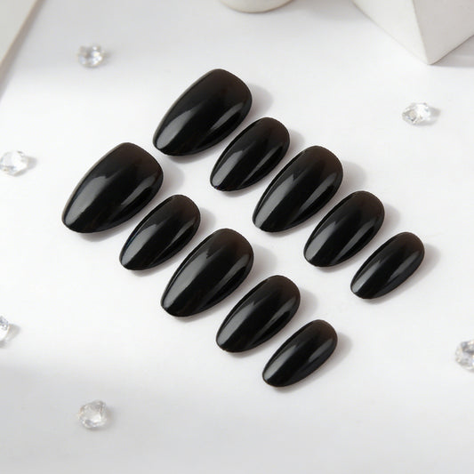 Gothic Elegance Short Oval Black Press On Nail Set with High Gloss Finish
