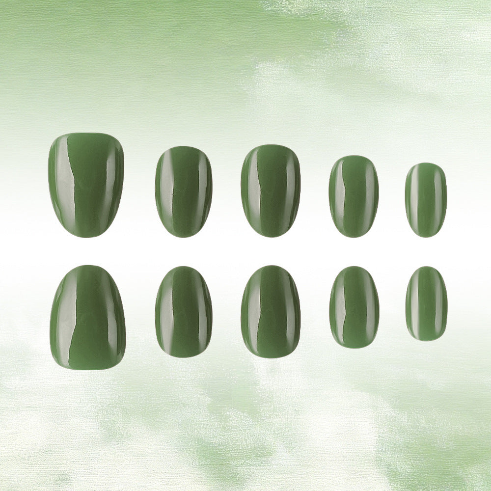 Serene Forest Short Oval Green Glossy Press-On Nail Set with Stunning Shine