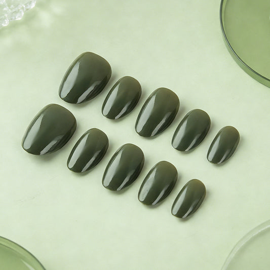 Earthy Elegance Glossy Short Oval Green Press On Nail Set Featuring a Chic Natural Finish