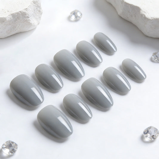 Mystical Elegance Short Oval Shaped Soft Gray Press On Nail Set with Glossy Finish
