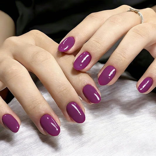 Enchanted Elegance Short Oval Glossy Purple Gel Press On Nail Set with Luminous Shine