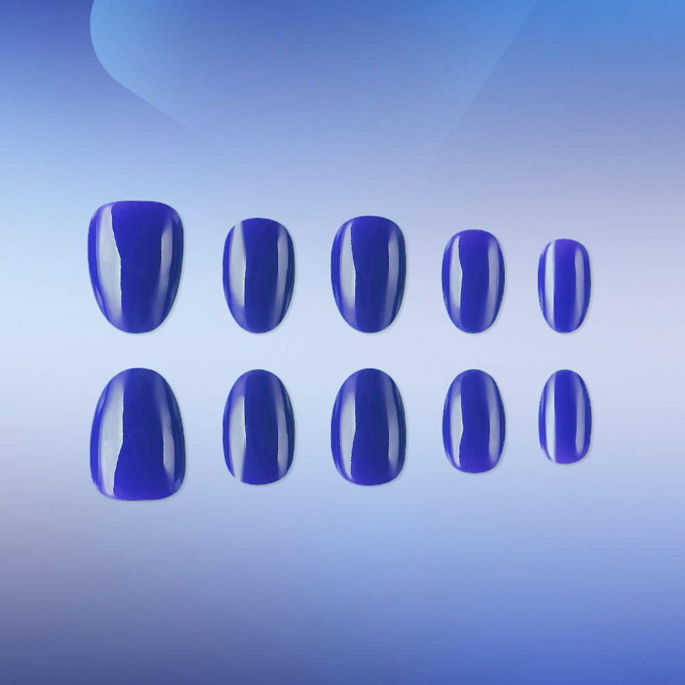 Celestial Elegance Short Oval Deep Blue Glossy Press On Nail Set with Stunning High Shine Finish