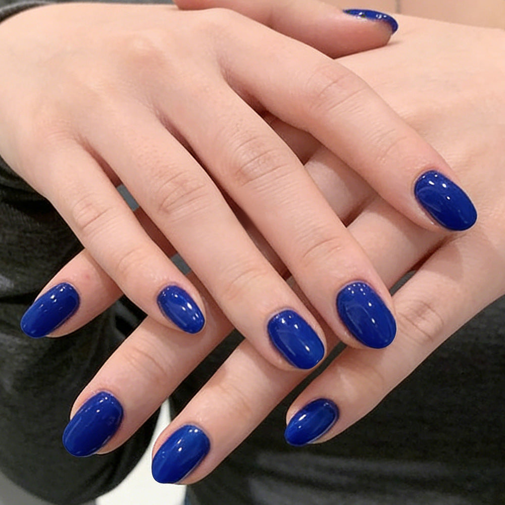 Oceanic Elegance Press On Nail Set Short Oval Glossy Deep Blue Vibrant Shine