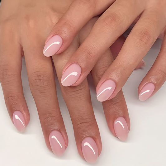 Glamorous Elegance Short Oval Blush Pink Press On Nails with Chic White Accent Stripes