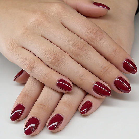 Elegant Wine Garden Short Oval Shaped Dark Red Press On Nail Set with Glossy Finish