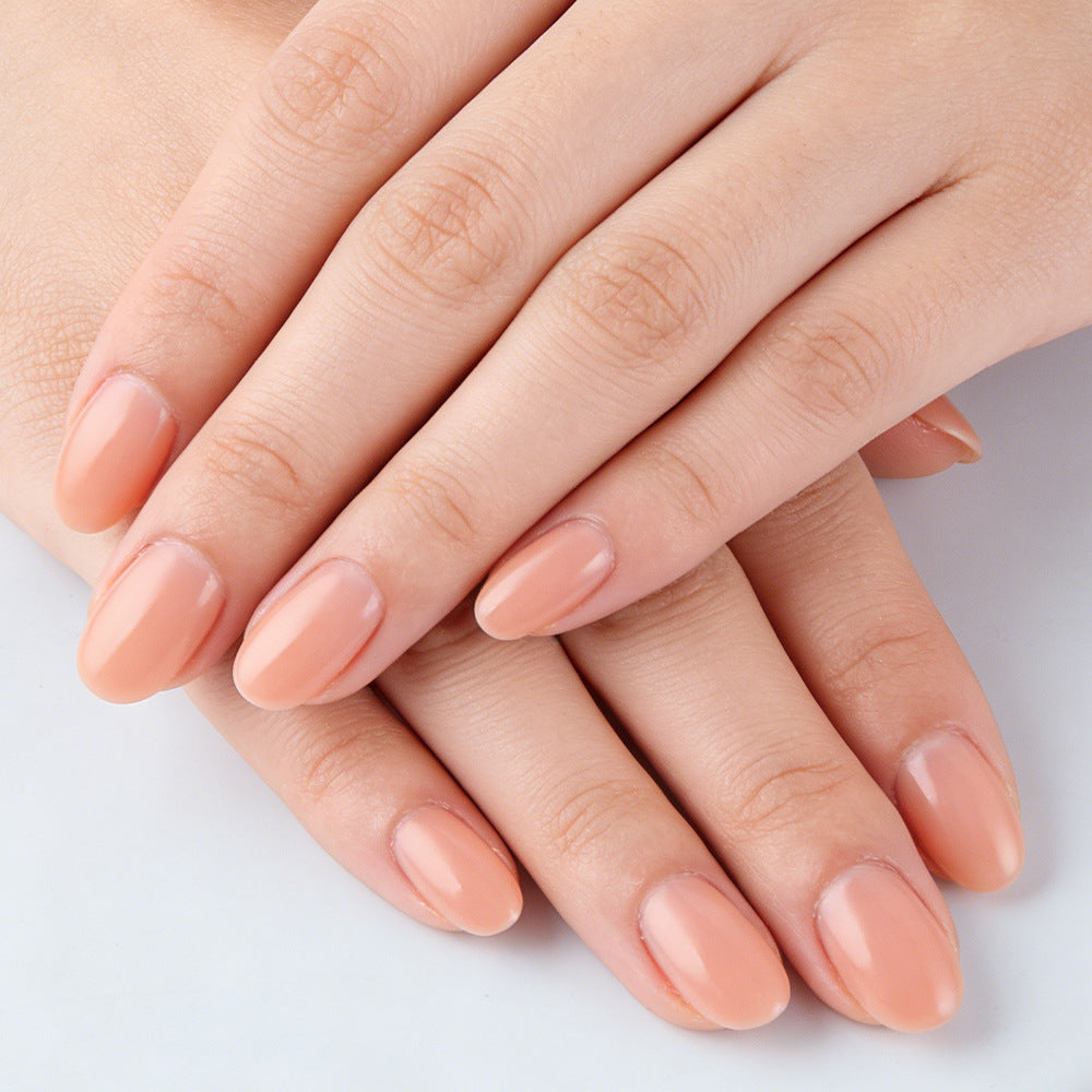 Elegant Serenity Short Oval Shape Beige Press On Nails with High Gloss Finish