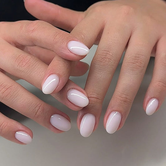 Elegant Garden Soft Short Almond Pink Glossy Nail Set with Unique Shimmer Finish