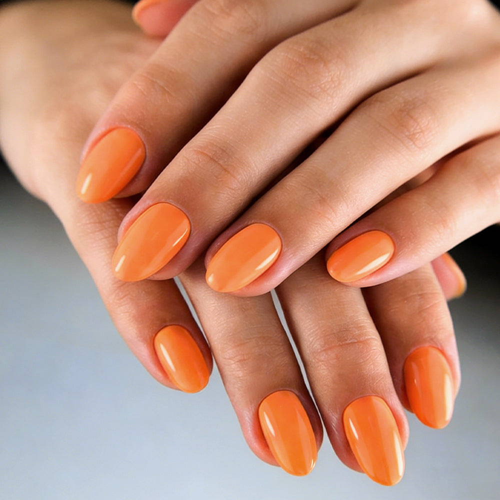 Sunset Vibes Short Oval Orange Glossy Press On Nail Set with Smooth Finish