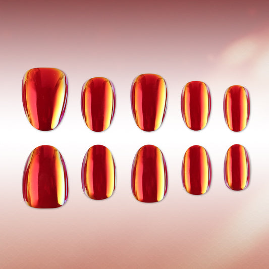 Radiant Sunset Shimmer Press On Nail Set Short Almond Red with Iridescent Glow