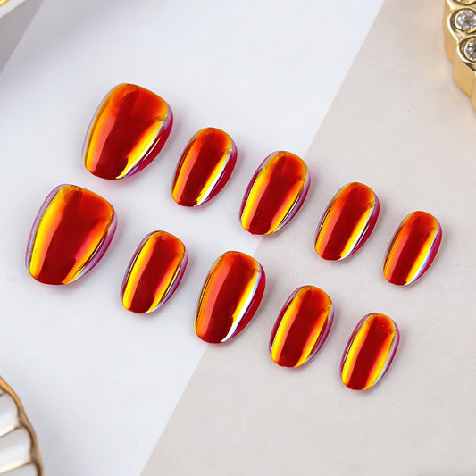 Glimmering Sunset Short Oval Red Nail Set with Iridescent Shine