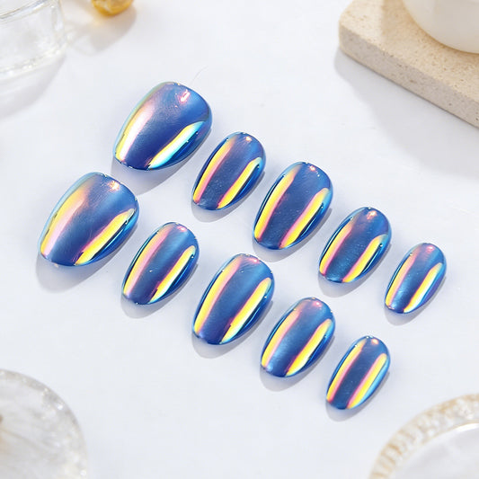 Galaxy Inspired Short Oval Blue Press On Nail Set with Iridescent Finish