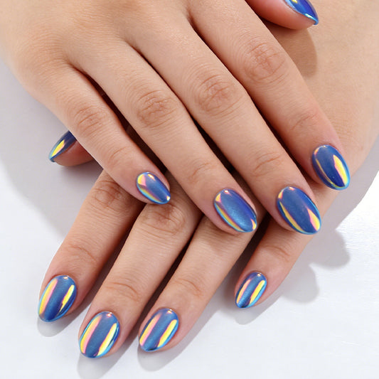 Celestial Glamour Press On Nail Set Short Oval Shape Striking Blue with Iridescent Finish