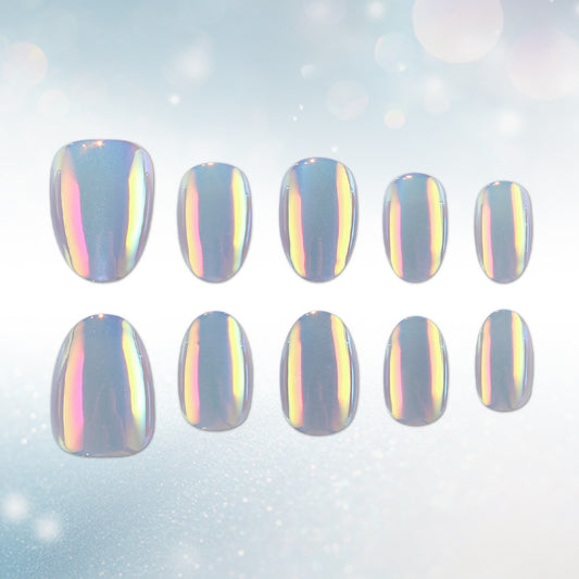 Iridescent Dream Glossy Short Oval Nails with Multicolor Reflective Finish