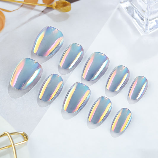 Celestial Dreams Iridescent Oval Short Press On Nail Set with Holographic Shine