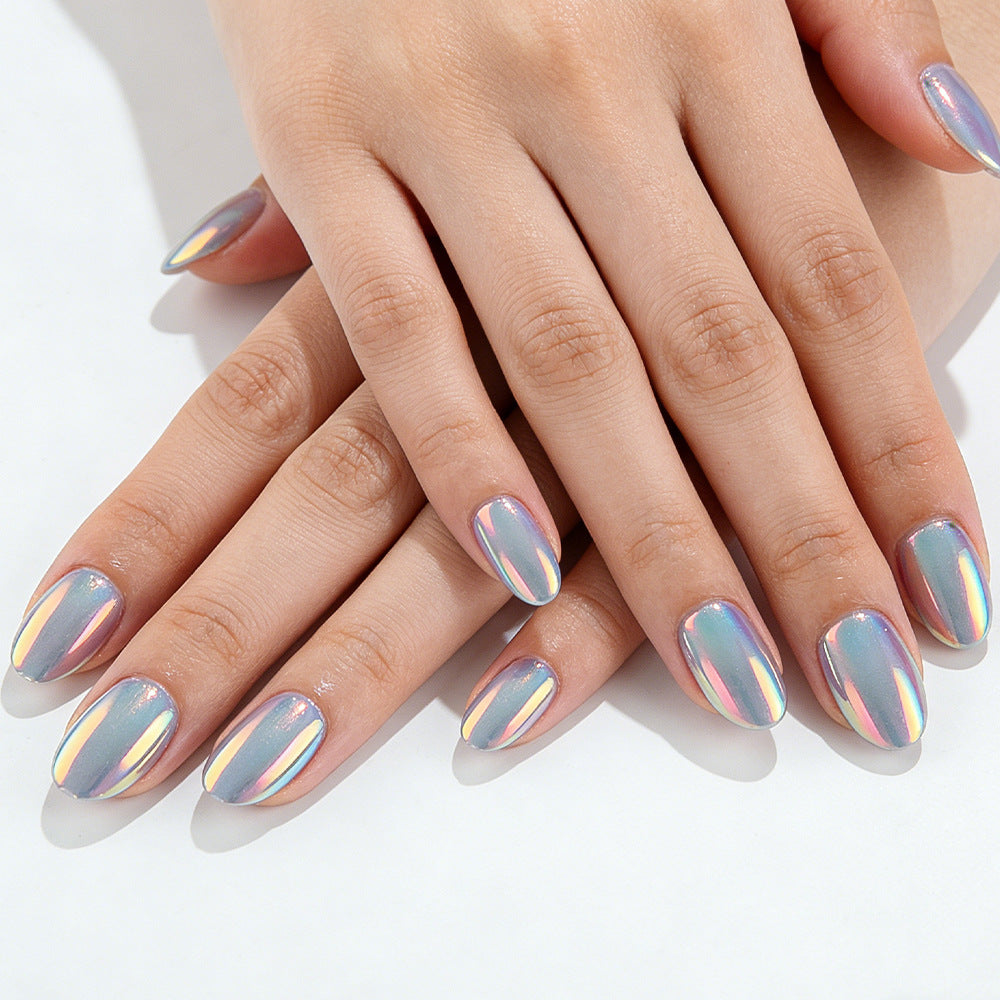 Celestial Dreamscape Short Oval Shaped Shimmering Gray Press On Nail Set with Iridescent Accents