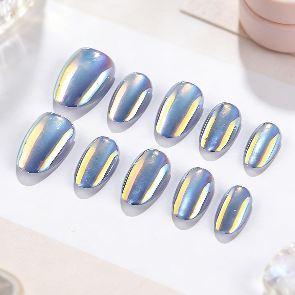 Celestial Elegance Iridescent Short Oval Press On Nail Set with a Mirror Finish
