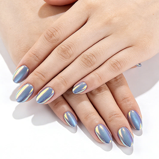 Celestial Dreams Short Oval Shimmery Blue Press On Nail Set with Iridescent Accents