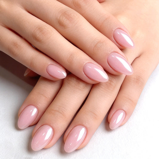 Enchanting Elegance Glossy Short Almond Shaped Light Pink Press On Nail Set with Stunning Shine
