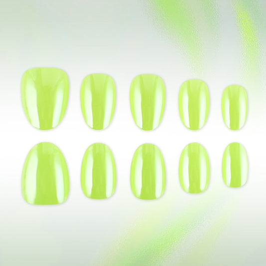 Luminous Garden Glossy Green Short Oval Press On Nail Set with Iridescent Shine
