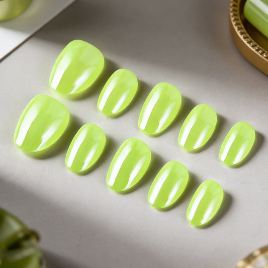 Tropical Vibes Glossy Lime Green Short Oval Shaped Press on Nail Set with Unique Sheen Finish