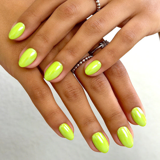 Zesty Tropical Vibes Short Almond Shaped Bright Lime Green Glossy Press on Nail Set