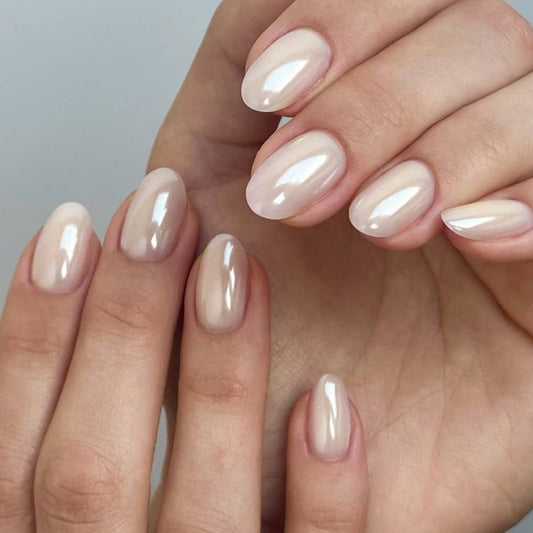Luminous Elegance Short Oval Beige Glossy Press-On Nail Set with Iridescent Shine