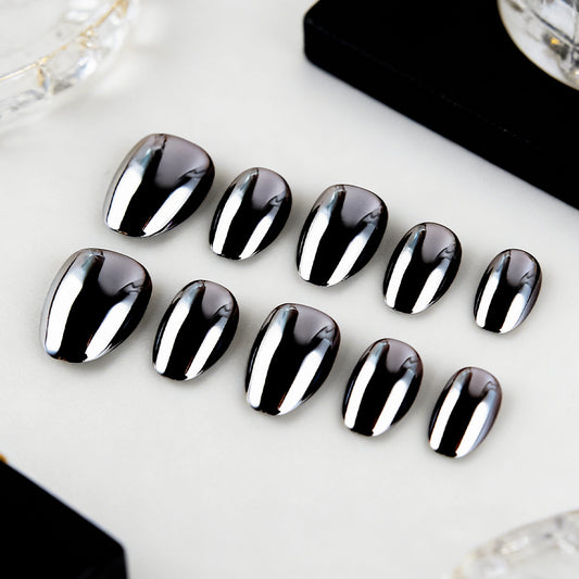 Glamorous Midnight Shine Short Oval Black Chrome Press On Nail Set with Stunning Reflective Finish