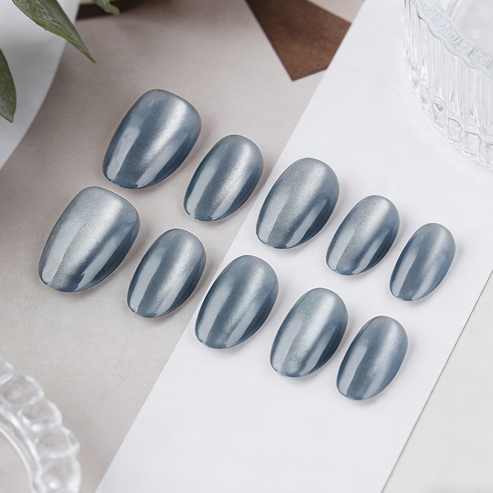 Enchanted Evening Short Oval Silvery Blue Press On Nail Set with Stunning Shimmer Finish