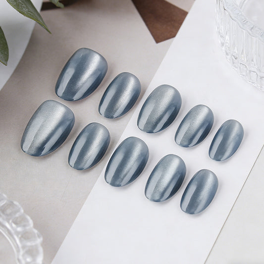 Enchanted Evening Short Oval Silvery Blue Press On Nail Set with Stunning Shimmer Finish