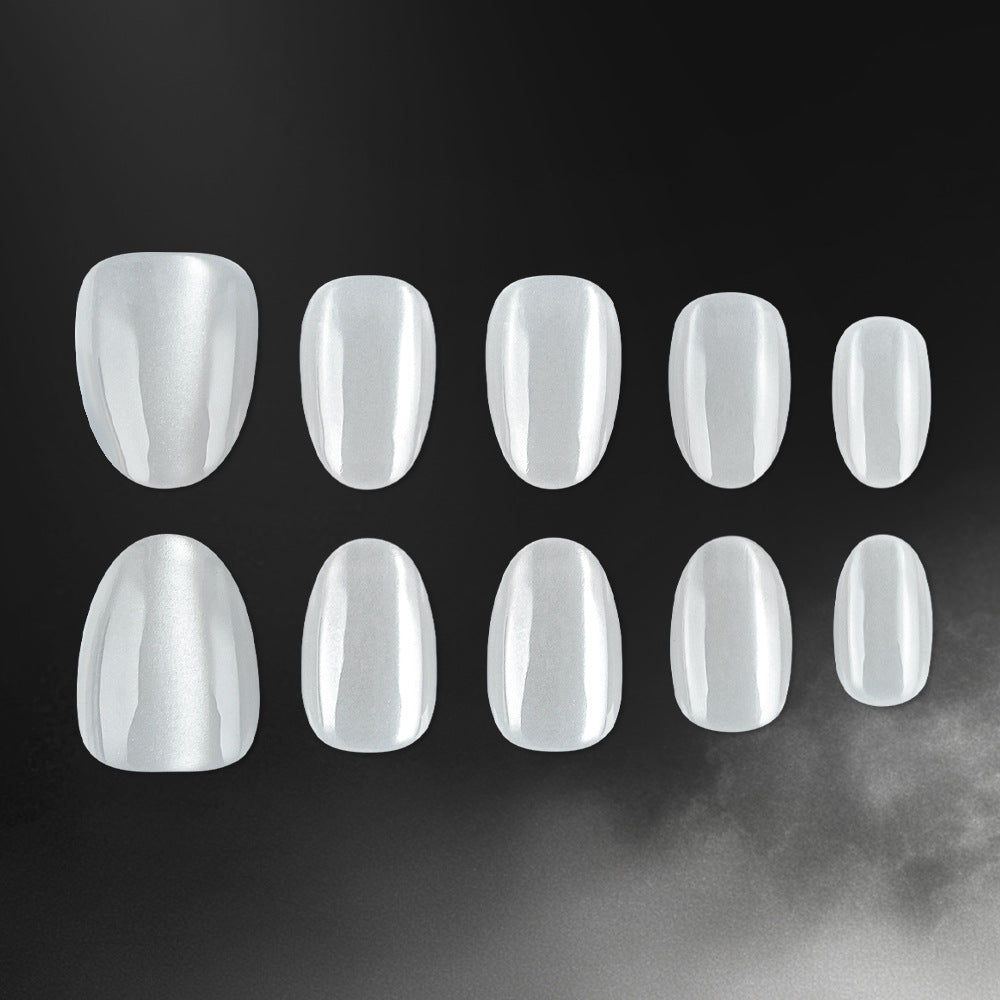 Celestial Glow Glossy Short Oval White Nail Set with Iridescent Finish